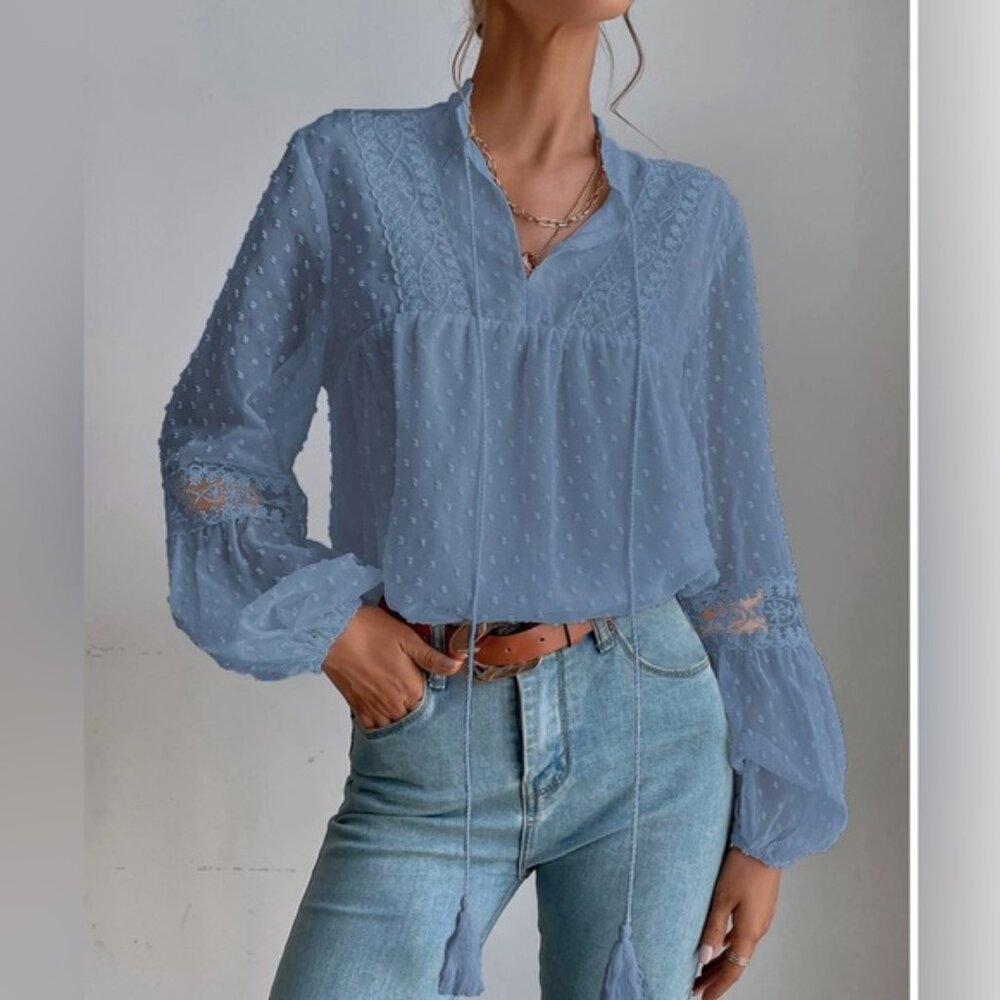 Swiss Dot Embroidery Mesh Insert Lantern Sleeve Tassel Tie Blouse Blue